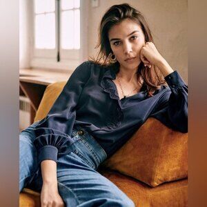 Sezane Chlo Silk Navy Blouse, size 44